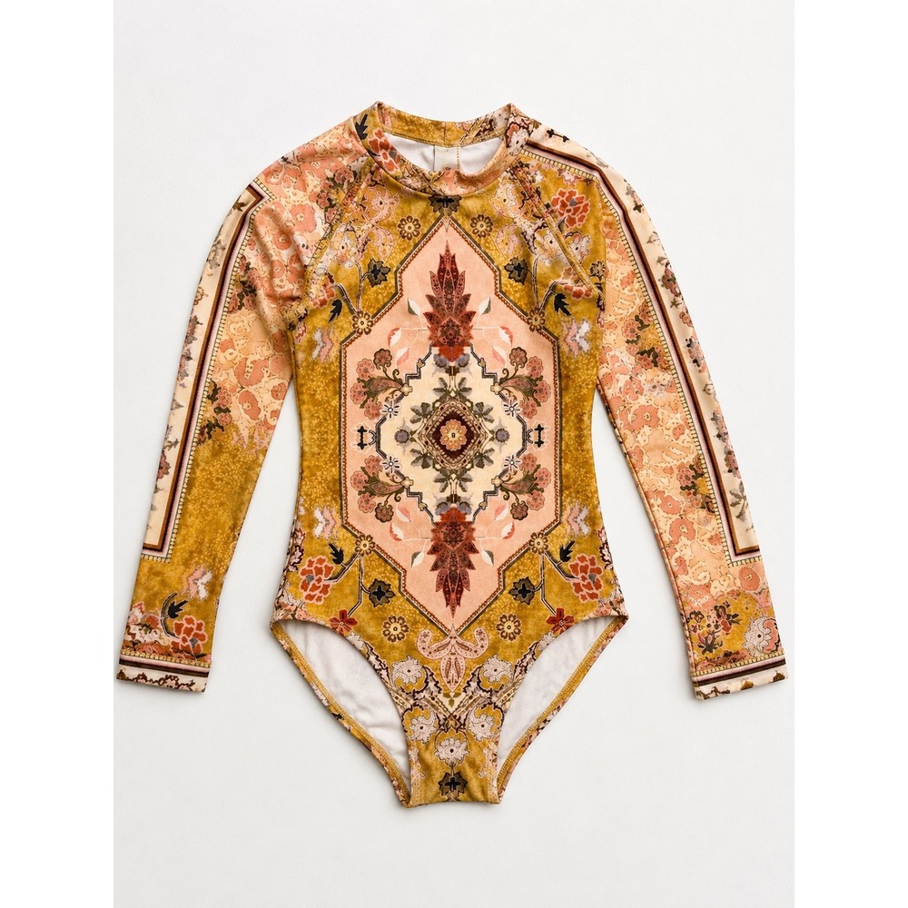 Zimmermann Kids Wylie Floral Long Slv Rash Guard Swimsuit One Piece Girls 8/10